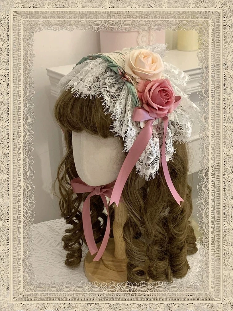 Mint green lolita bonnet or hairband accessory with coordinating floral pattern print matching the old school lolita OP dress design, vintage-inspired lace trim detail