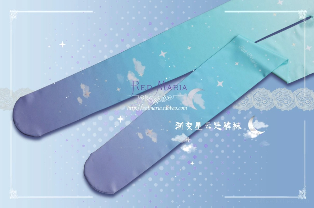 Mint green gradient starry cloud lolita tights front side flat lay top-down view soft velvet celestial printed motifs