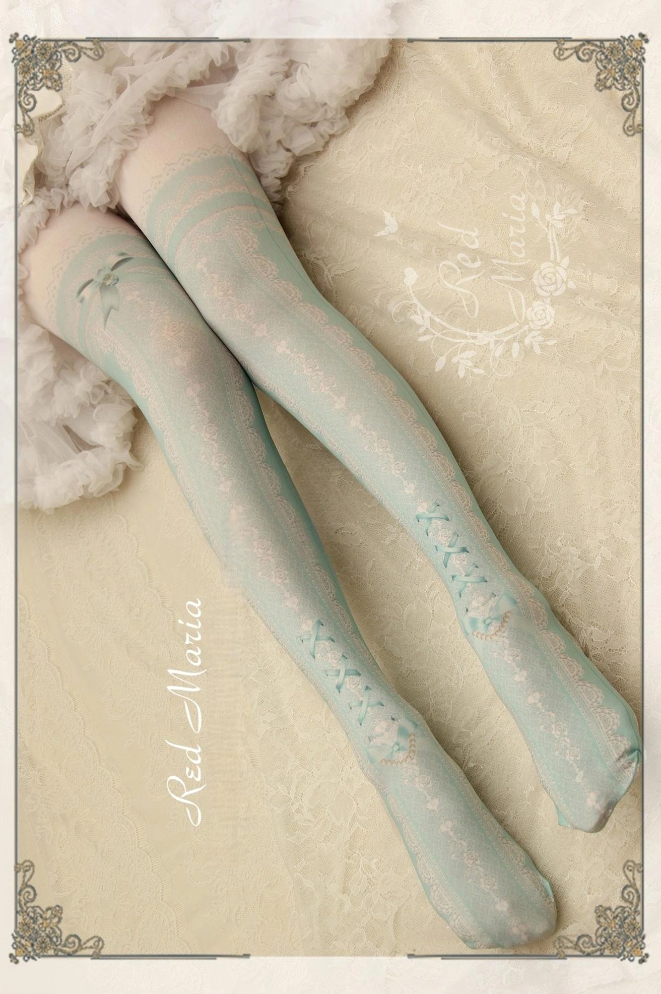 Mint green lace bow 80D lolita pantyhose with subtle floral lace pattern elegant aesthetic