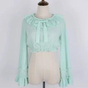 Mint green lolita blouse featuring layered ruffled trumpet sleeves, elasticated waist, sheer chiffon fabric, and decorative satin bow detail
