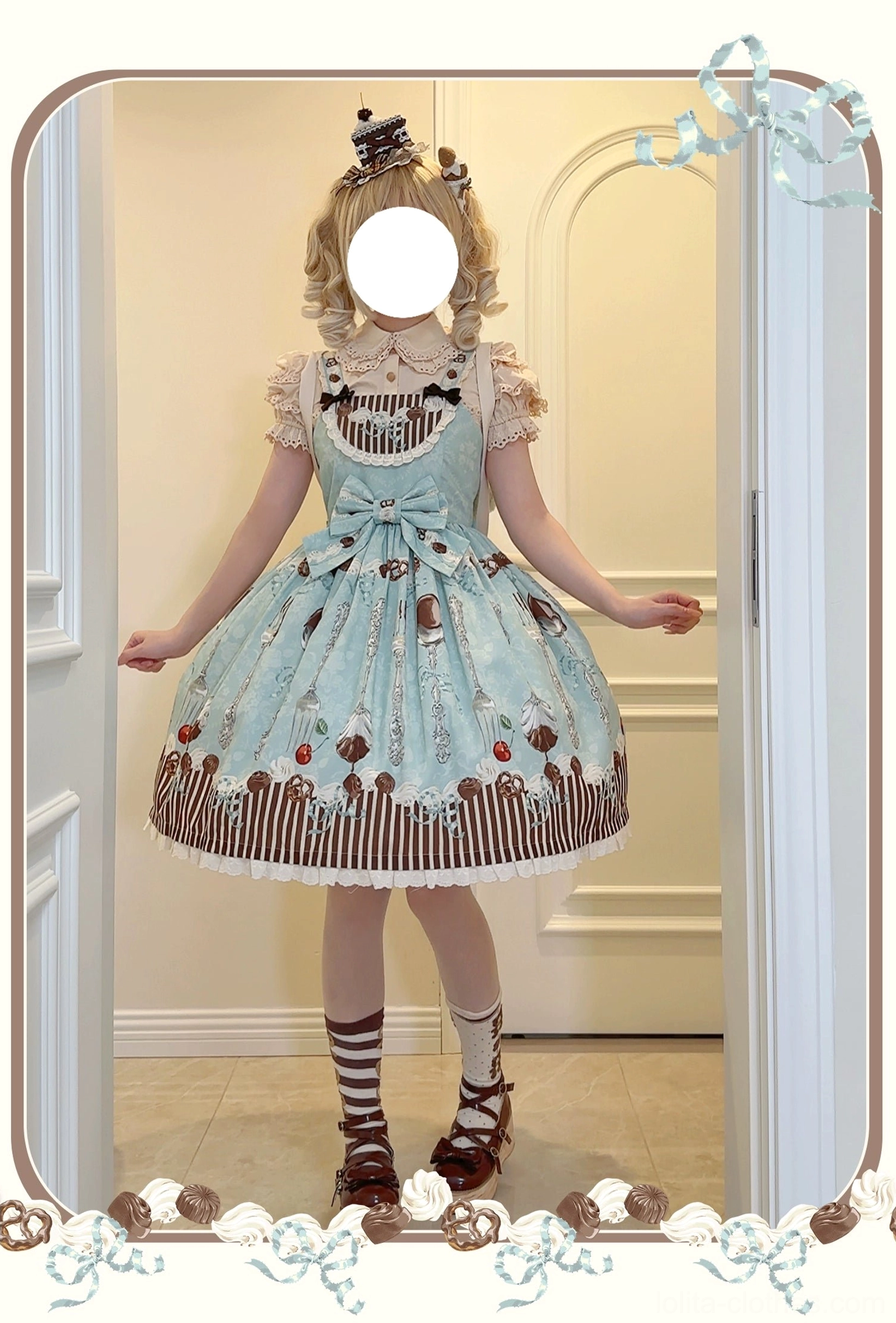 mint green sweet dessert lolita jumper dress chest stripe panel brown bow detail close up