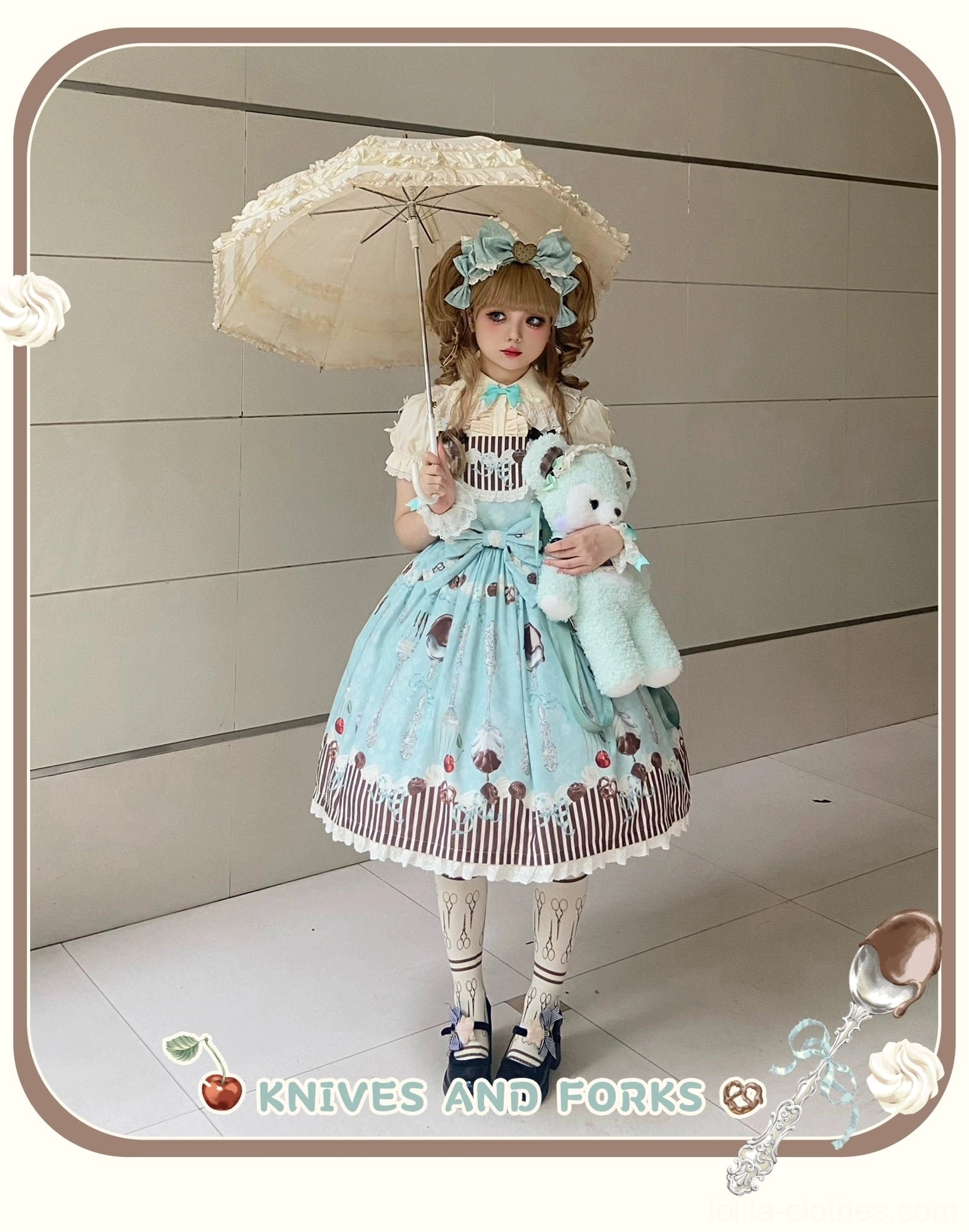 green dessert lolita jumper dress full body front view holding beige lace parasol with teddy bear