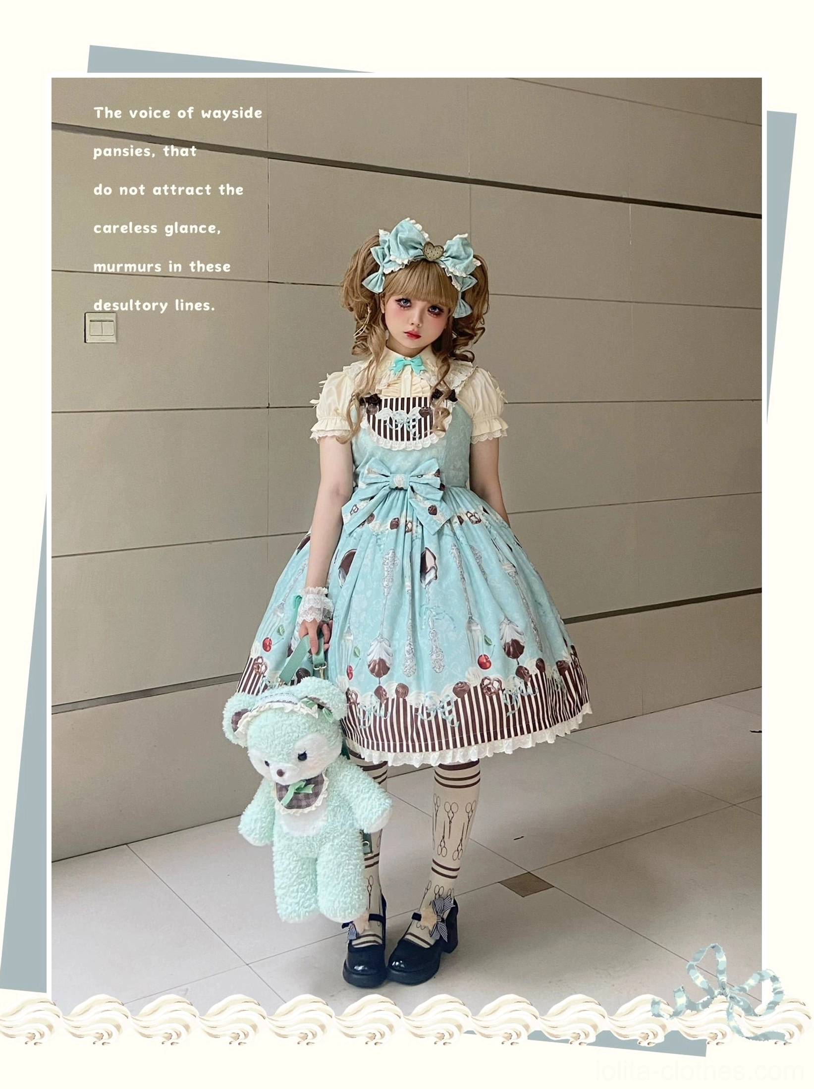 green dessert lolita jumper dress short sleeve inner shirt full body side angle with teddy bear plush toy