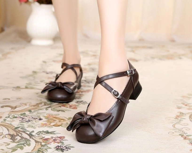Mint green lolita bow cross-strap low heel leather shoes mary jane pastel aesthetic