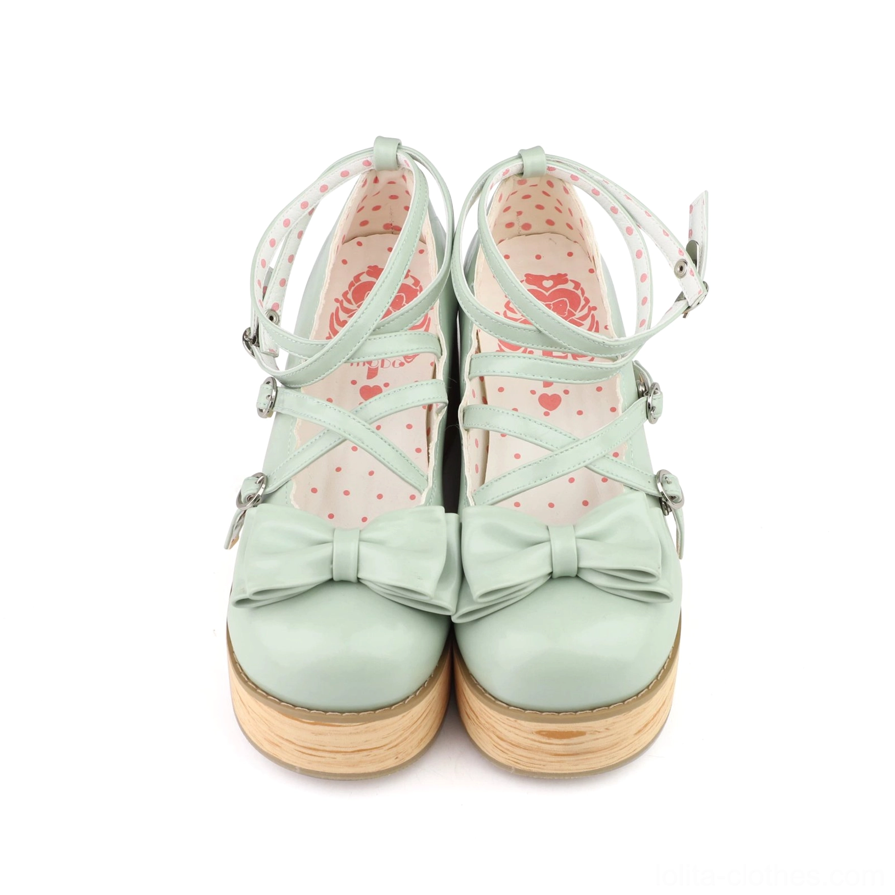 Mint green lolita platform shoes full product display metallic finish round closed toe bow ankle strap adjustable buckle thick wooden platform sweet aesthetic