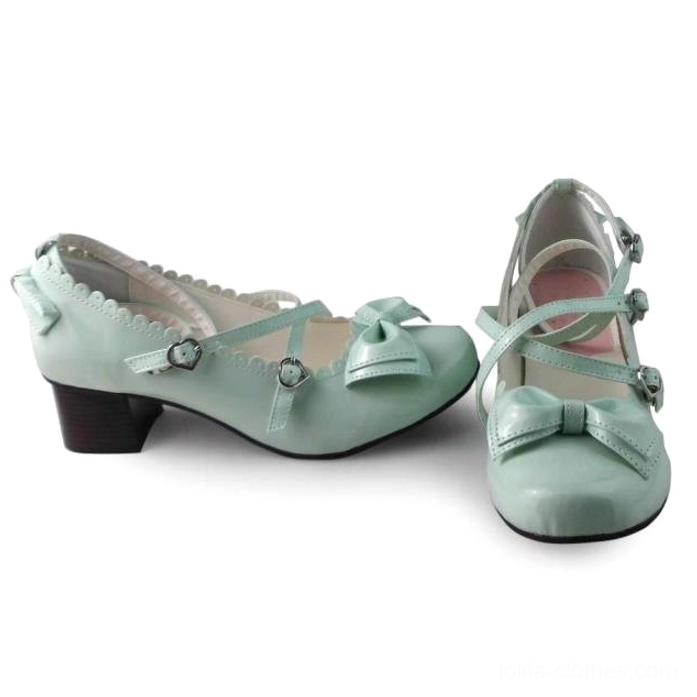 Shining mint green lolita tea party heels showcasing metallic finish, crossover heart-buckle straps, scalloped details, and 4.5cm heel for sweet lolita coordinates