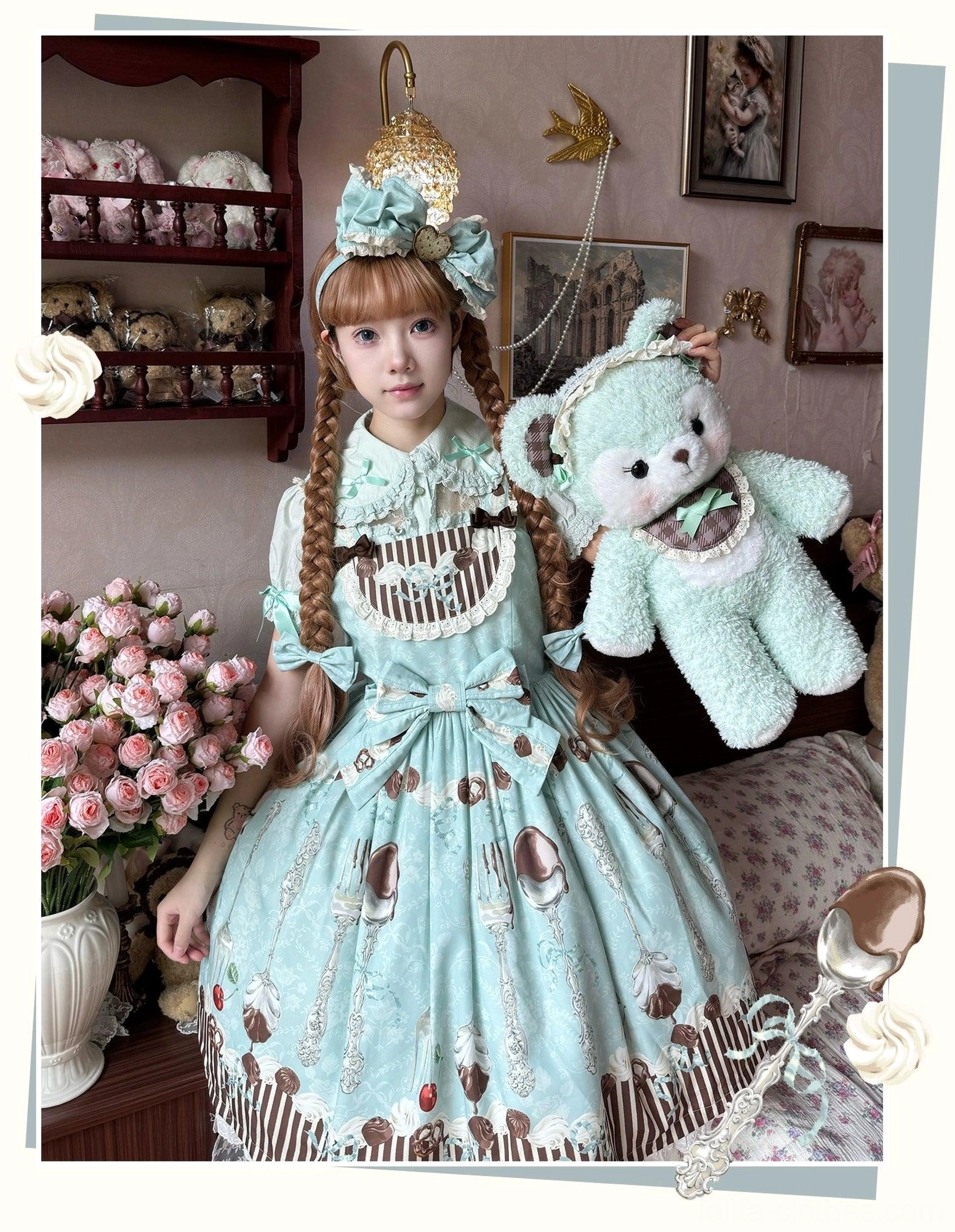 mint green lolita jumper dress back view with shirring belt design full body rear angle shot