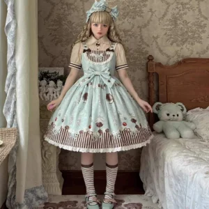 mint green sweet dessert lolita jumper dress jsk full body front view with brown bow vintage bedroom setting