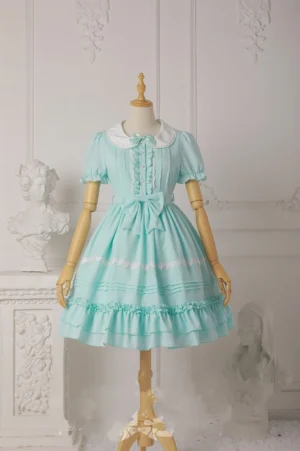 Mint green water green sweet lolita one-piece dress front display white doll collar lace trim waist bow ruffled skirt hem