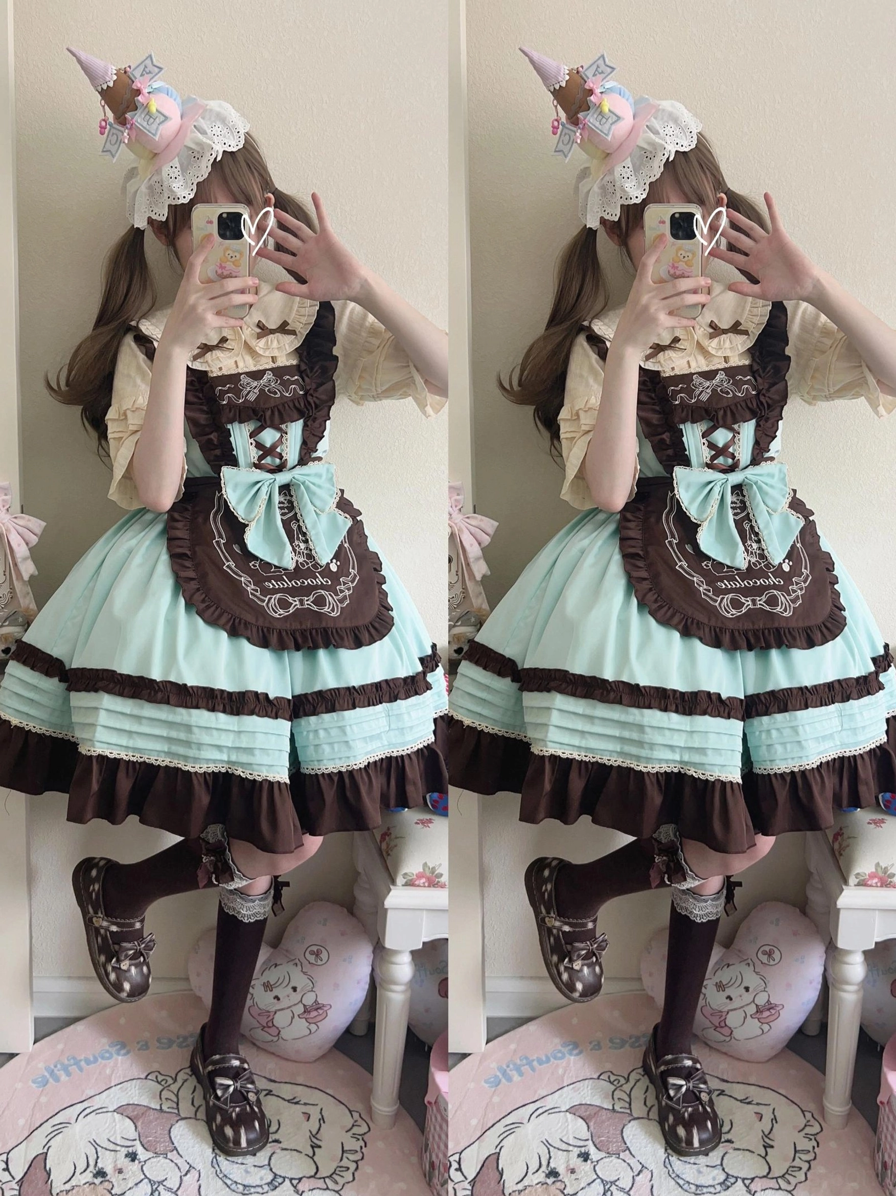 Mint green maid lolita dress with brown embroidered waist apron blue bow, cream puffed sleeve blouse, high-angle full-body mirror shot