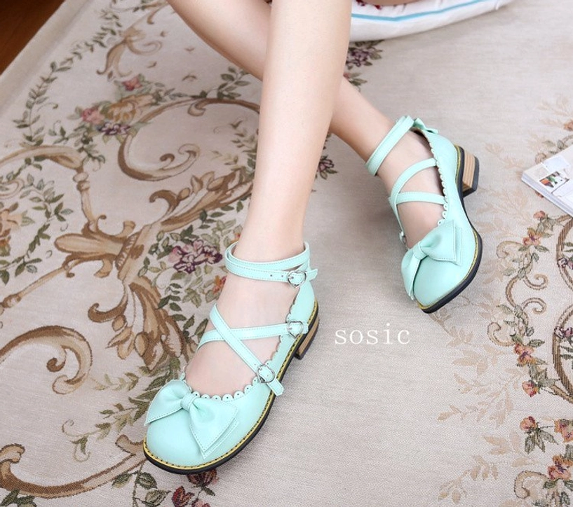 Mint green sweet Lolita flat heel sandal Mary Jane shoes with adjustable ankle buckle straps and open toe design top view