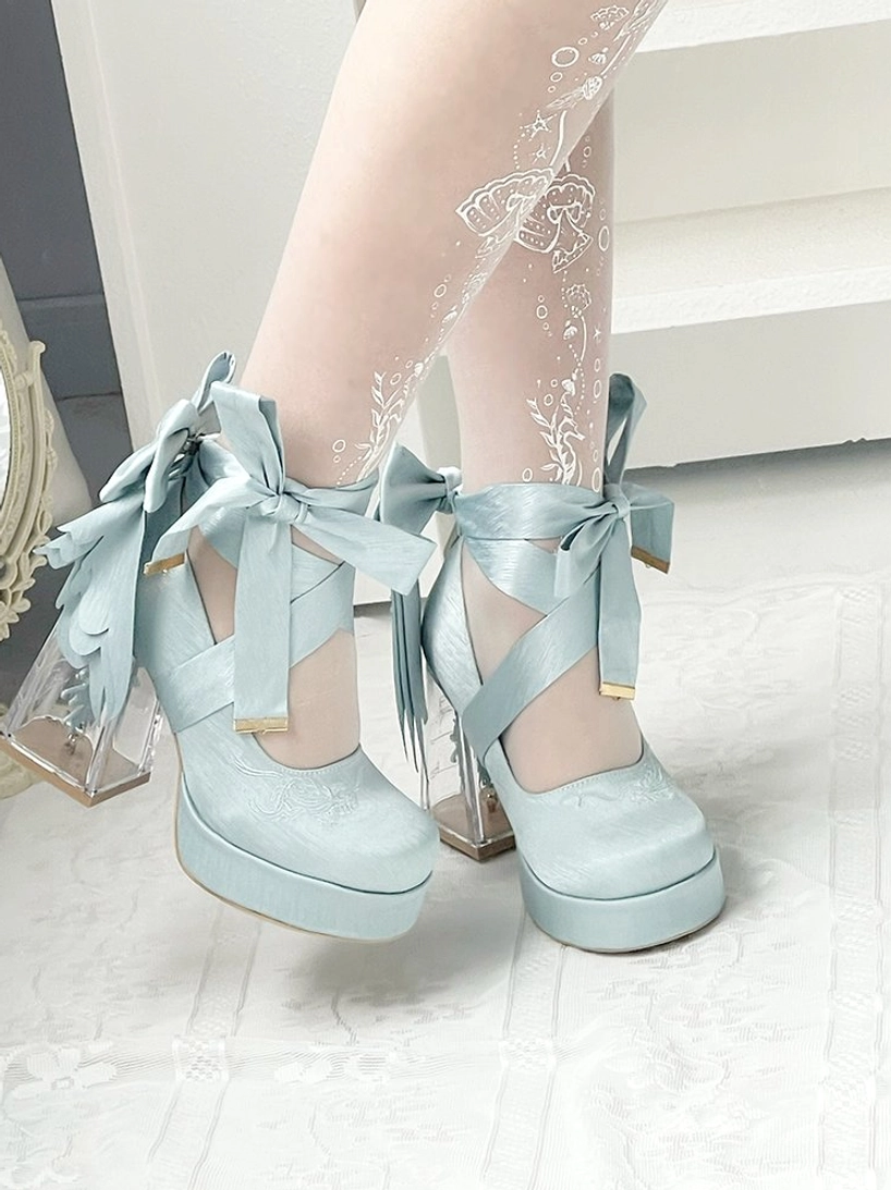 Mint light blue classic lolita platform heels side back view large ribbon bows thick platform sole