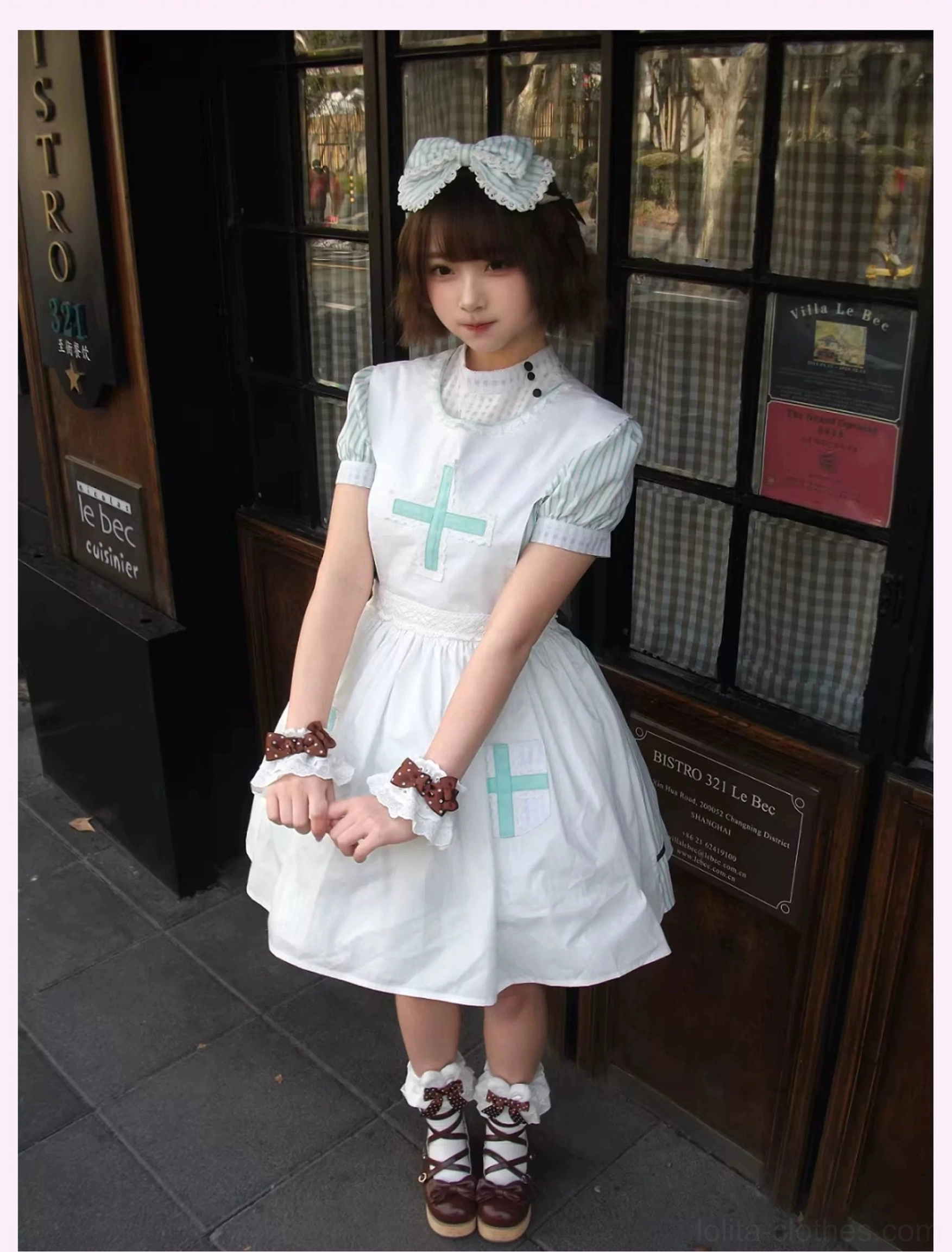 Vintage-inspired nurse cap accessory for Mint Prescription Old School Lolita coordinate (sold separately) in white, complementing the medical-aesthetic theme of the striped OP dress