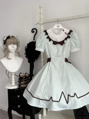 Mint Prescription Old School Lolita striped OP dress with electrocardiogram trace hem, flat lay display showing mint green and white stripes, brown zigzag hem, and delicate ruffled collar with bow details