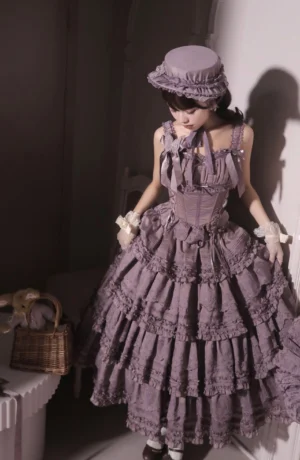 Purple Miss Flora elegant lolita dress set front three-quarter full-body shot with corset bodice, tiered ruffled lace skirt, matching purple bonnet and white gloves