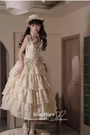 Miss Flora tiered lolita dress suit front three-quarter view with adjustable strap bodice, multi-layered ruffled skirt, off-white elegant lolita ensemble with matching lace bonnet