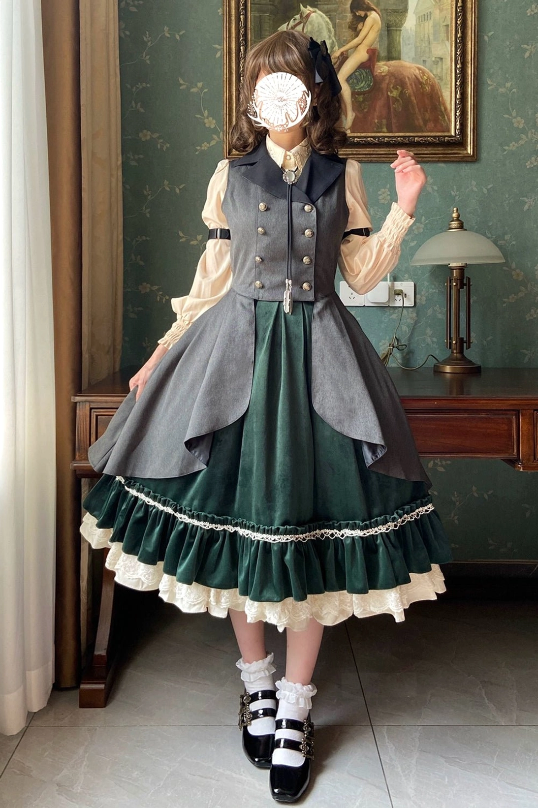 Mist blue lolita waistcoat dress set inspired by vintage japanese textile traditions