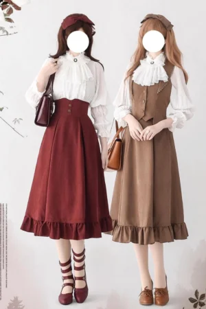 Two lolita models wearing Misty Forest collection in contrasting colorways - wine red and mocha brown vintage suits with matching leather handbags and hair accessories - comparison styling perspective