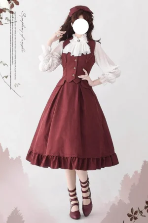 Misty Forest vintage fishbone lolita ensemble featuring wine red high-waisted midi skirt with ruffled hem, fitted waistcoat, and white ruffled blouse with removable jabot collar - front full-body studio view