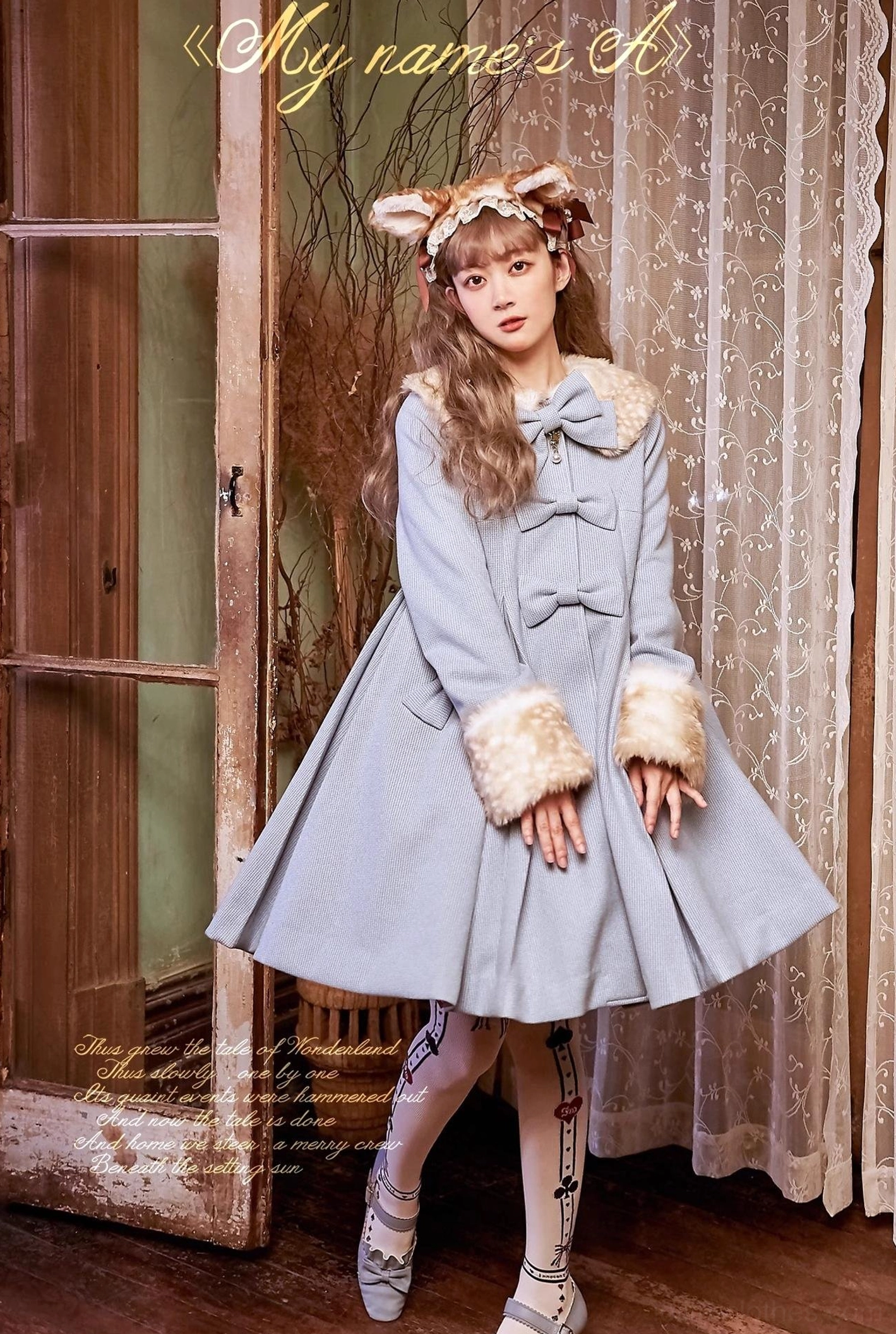 Lolita coat mocha color tone with removable fur trim collar cuffs front button closure classical design
