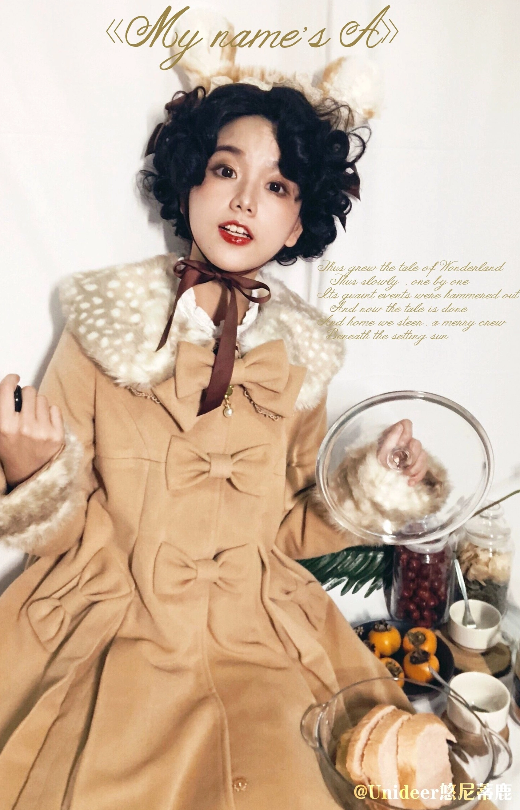 Mocha lolita wool overcoat full-body product shot front view faux fur collar chest bows elegant A-line cut