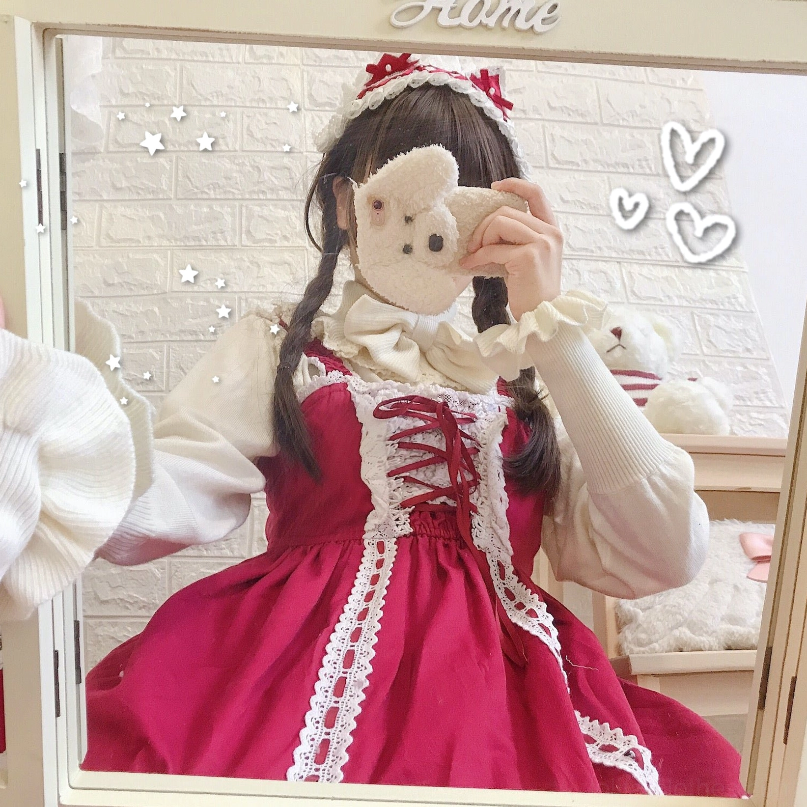 Mocha wool lolita sweater styled coordination example with lolita skirt lace socks full outfit inspiration