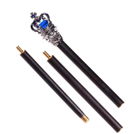 Modular royal lolita scepter with blue gem inlaid crown, matte black wood-grain sections with gold metal end caps, flat lay product display