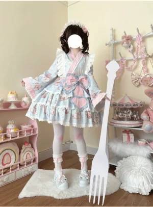 Enchanted moe bear wa lolita kimono dress set in blue and pink pastel colors, front full-body view featuring three-tiered ruffled skirt with heart-shaped waist bow and Japanese collar, perfect kawaii lolita plus-size coordinate