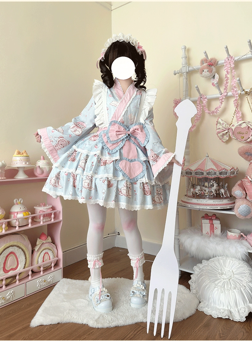 Enchanted moe bear wa lolita kimono dress set in blue and pink pastel colors, front full-body view featuring three-tiered ruffled skirt with heart-shaped waist bow and Japanese collar, perfect kawaii lolita plus-size coordinate