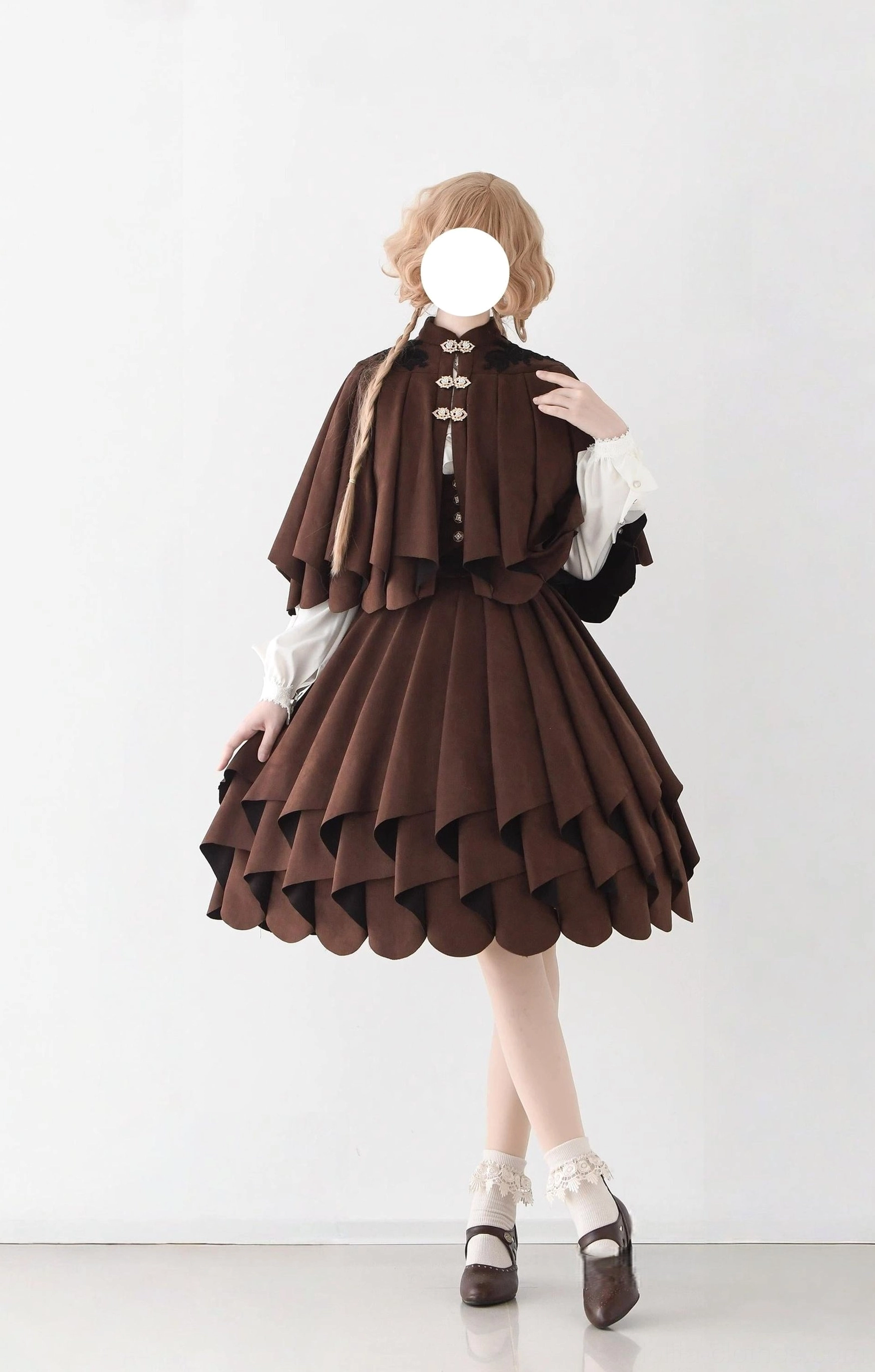 Brown classic Lolita skirt and cape set with white layered cuffs, multi-layer ruffled hem, and gold front buttons, romantic Victorian aesthetic