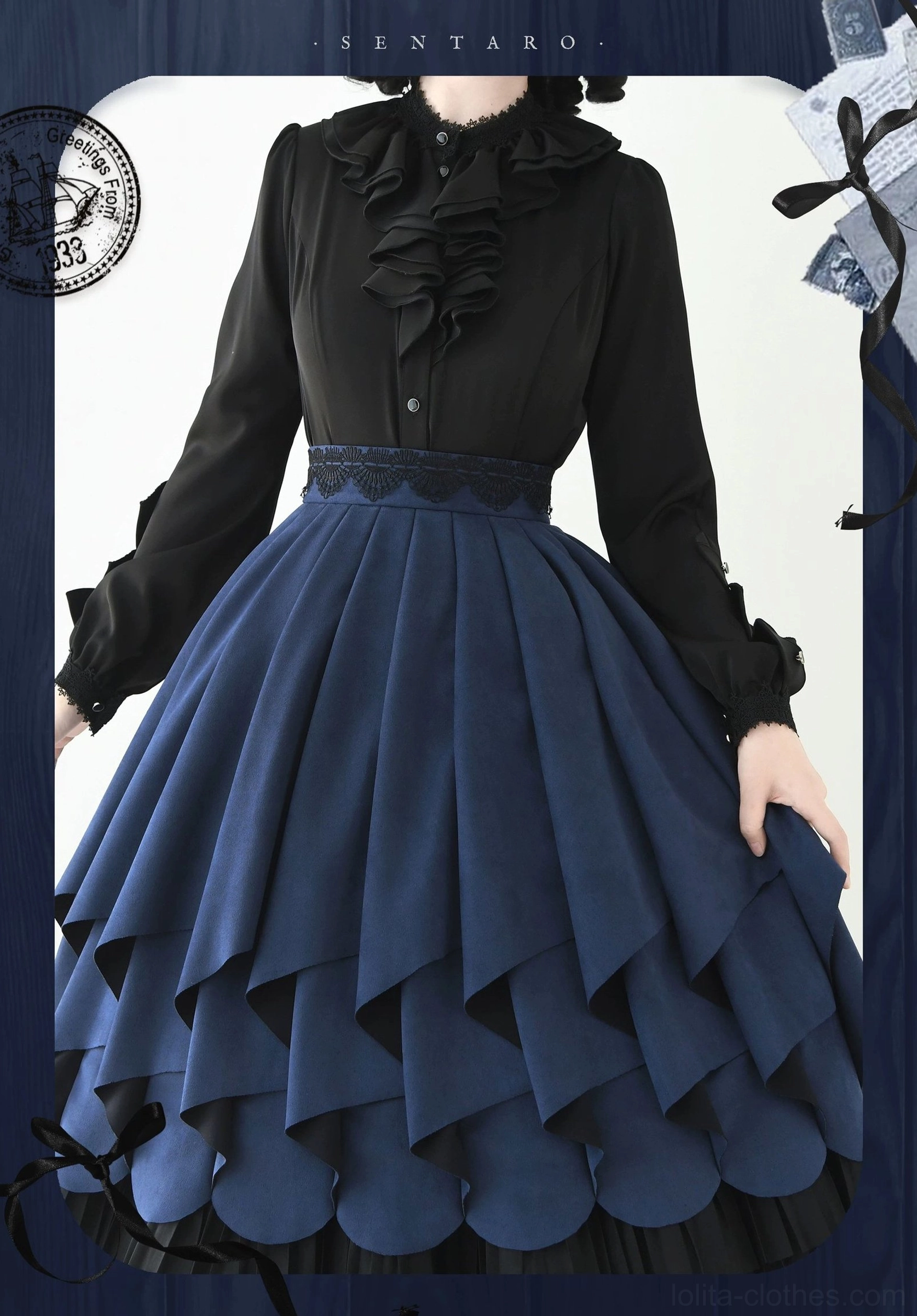 Classic Lolita full coordinate styling example showcasing cape with skirt, layered ruffled construction, and complete Victorian-inspired aesthetic presentation