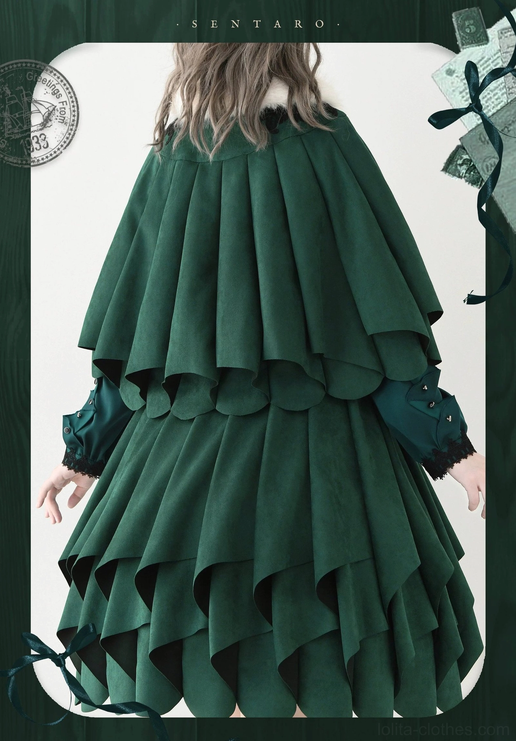 Dark green Lolita cape and skirt set back view showing double-layer ruffled cape silhouette and dark green velvet sleeve cuffs, vintage studio background
