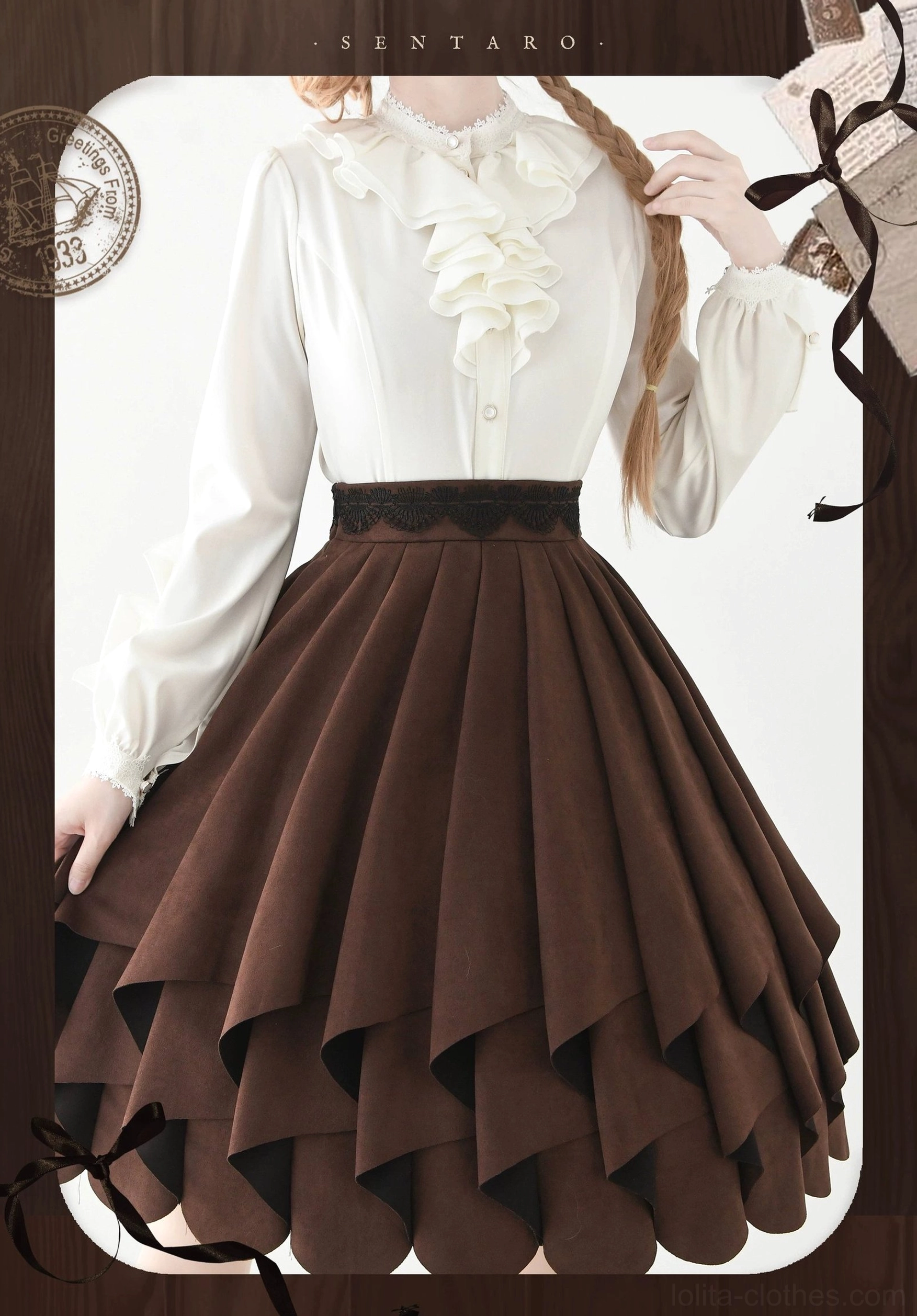 Lolita cape and SK set dimensional view highlighting double-layer ruffled cape back, multi-layer hem construction, and romantic Gothic aesthetic details
