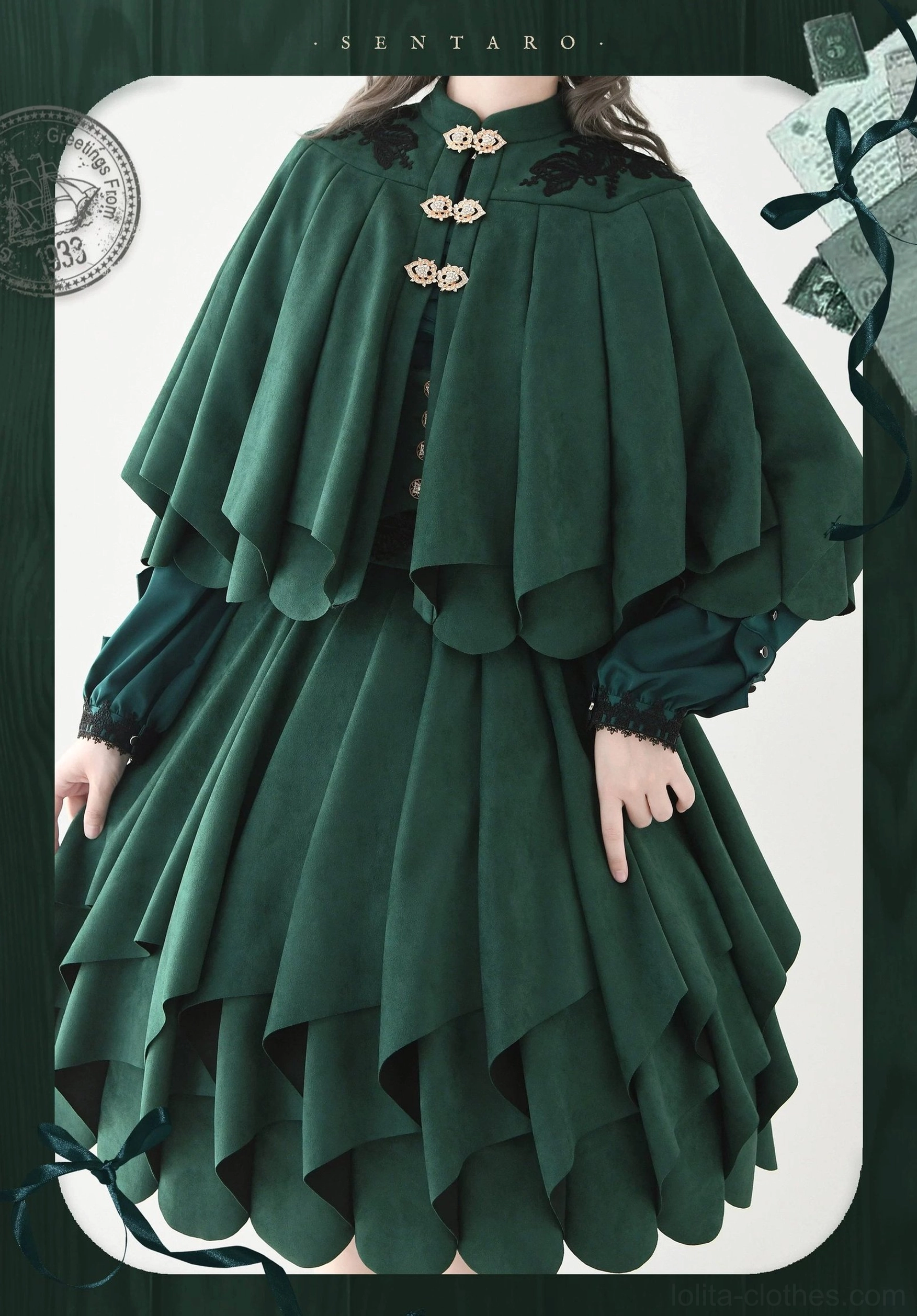 Dark green Lolita cape and skirt separate set featuring multiple gold decorative front buttons, double-layer ruffled cape, soft suede-like fabric texture