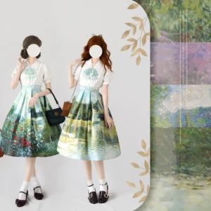 Classic Lolita Monet-inspired landscape print skirt and white Peter Pan blouse coordinate set displayed on two faceless models in full-body side-by-side view against impressionist oil painting garden background