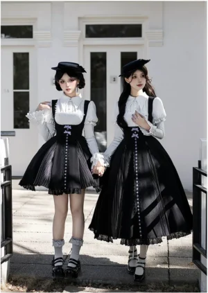 Piano keyboard ribbon monochrome sonata classic lolita bust-supporting jsk set in elegant black and white front view full body street style photography outdoor