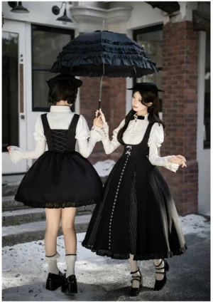 Piano inspired classic lolita jsk dress set back view with parasol and ruffled white blouse corset bodice black and white monochrome aesthetic elegant