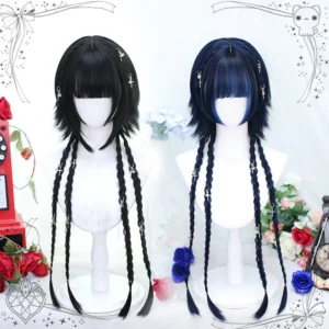 Moon Night Lolita twin braid wig side-by-side comparison showing all-black and black navy-blue highlight variants with thick bangs and cross hair clips on vintage backdrop