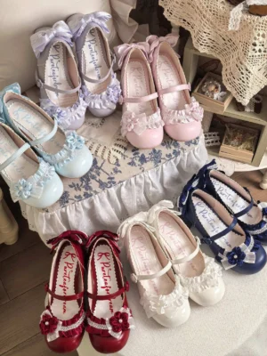 moonlit sakura sweet lolita mary jane heels all four color variants navy blue milky white pink lavender flat lay wooden vintage table