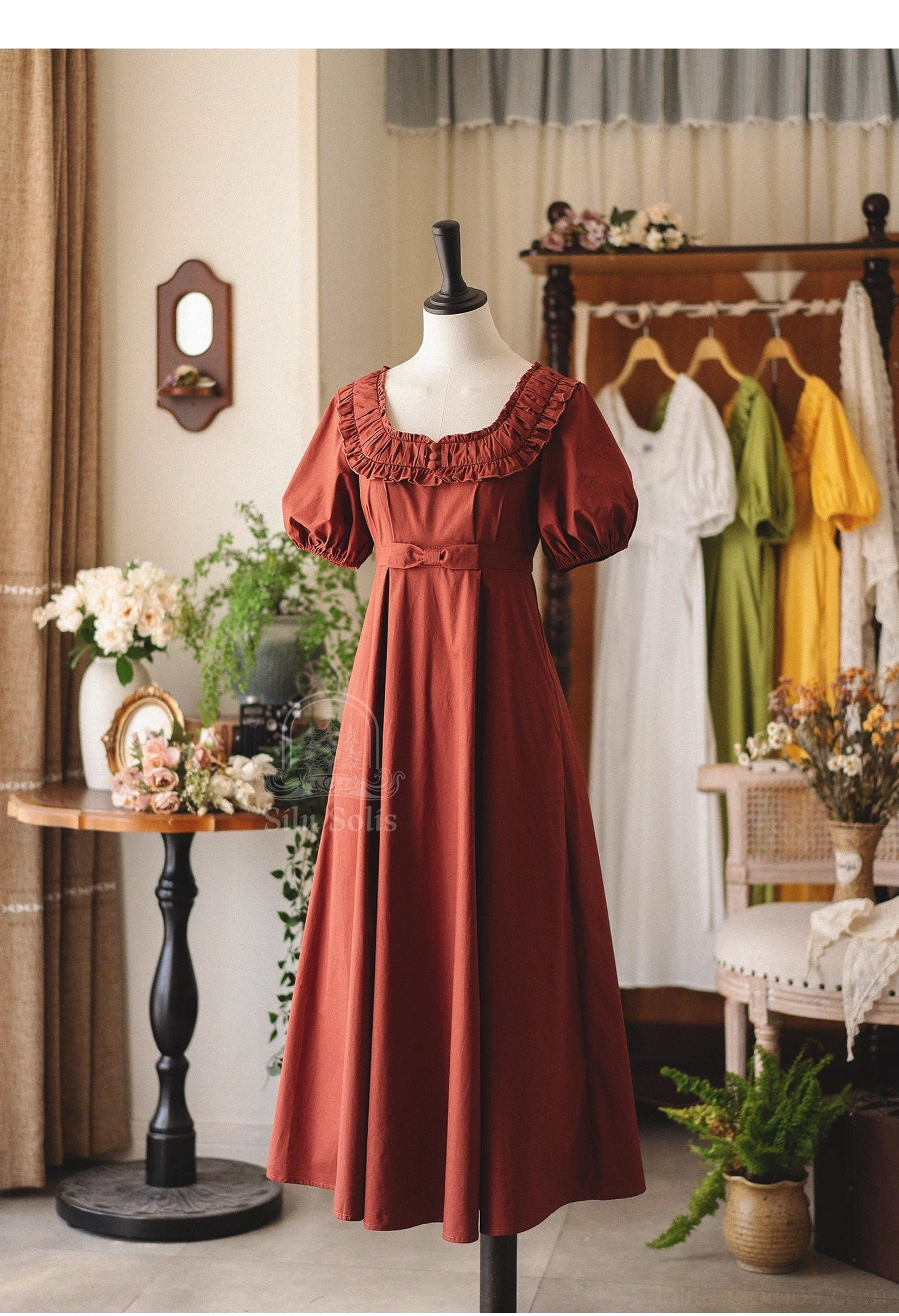 Brick red empire waist country lolita OP dress with ruffled square neckline and puff sleeves ankle-length cotton skirt