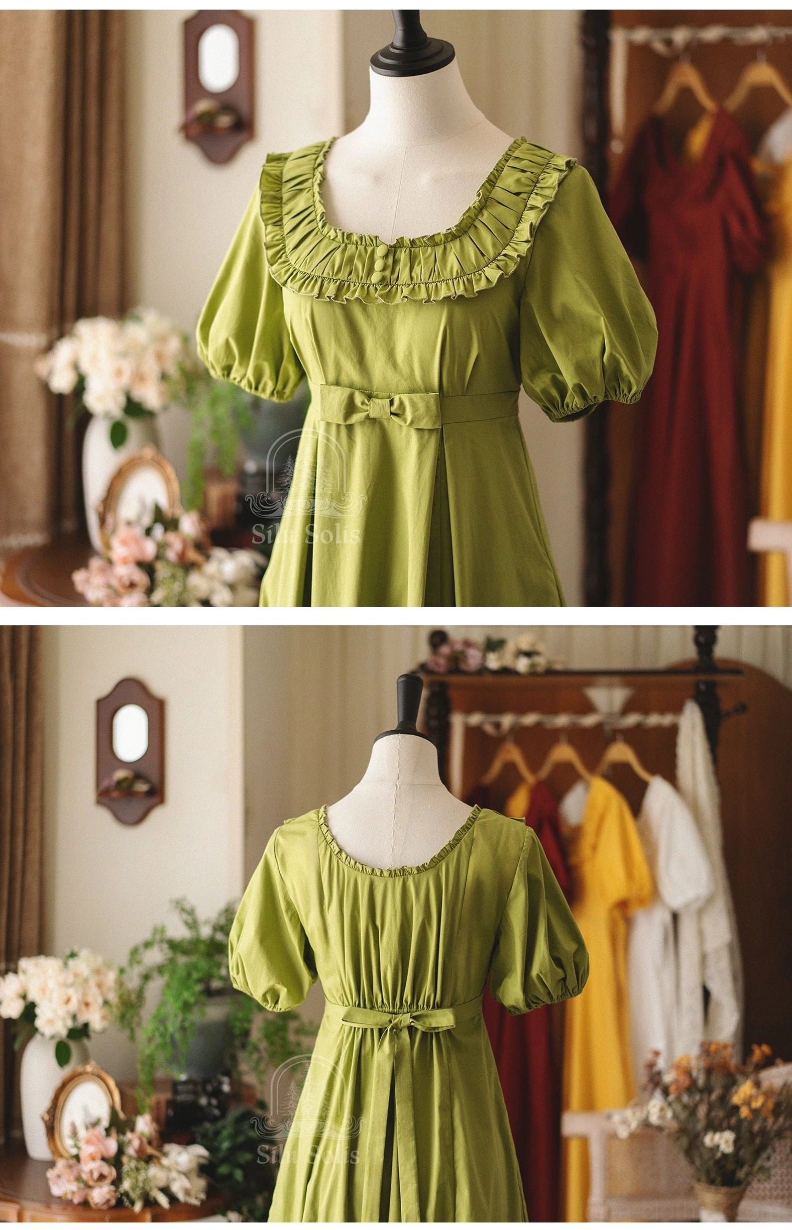 Brick red country lolita dress upper body mannequin detail showing ruffled neckline and puff sleeves waist bow