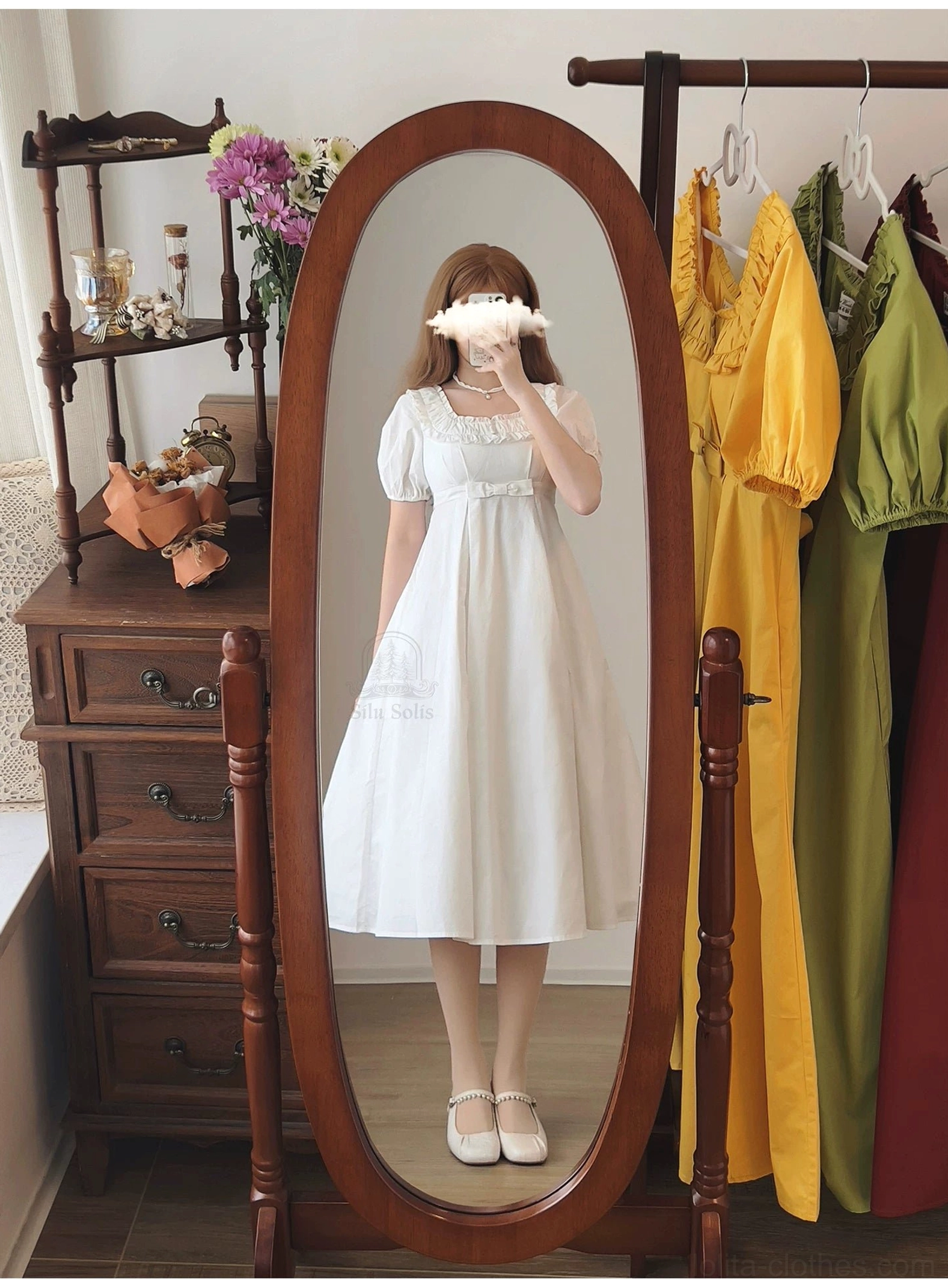 Empire waist lolita OP dress ankle-length cotton skirt detail showing smooth fabric drape and hem construction