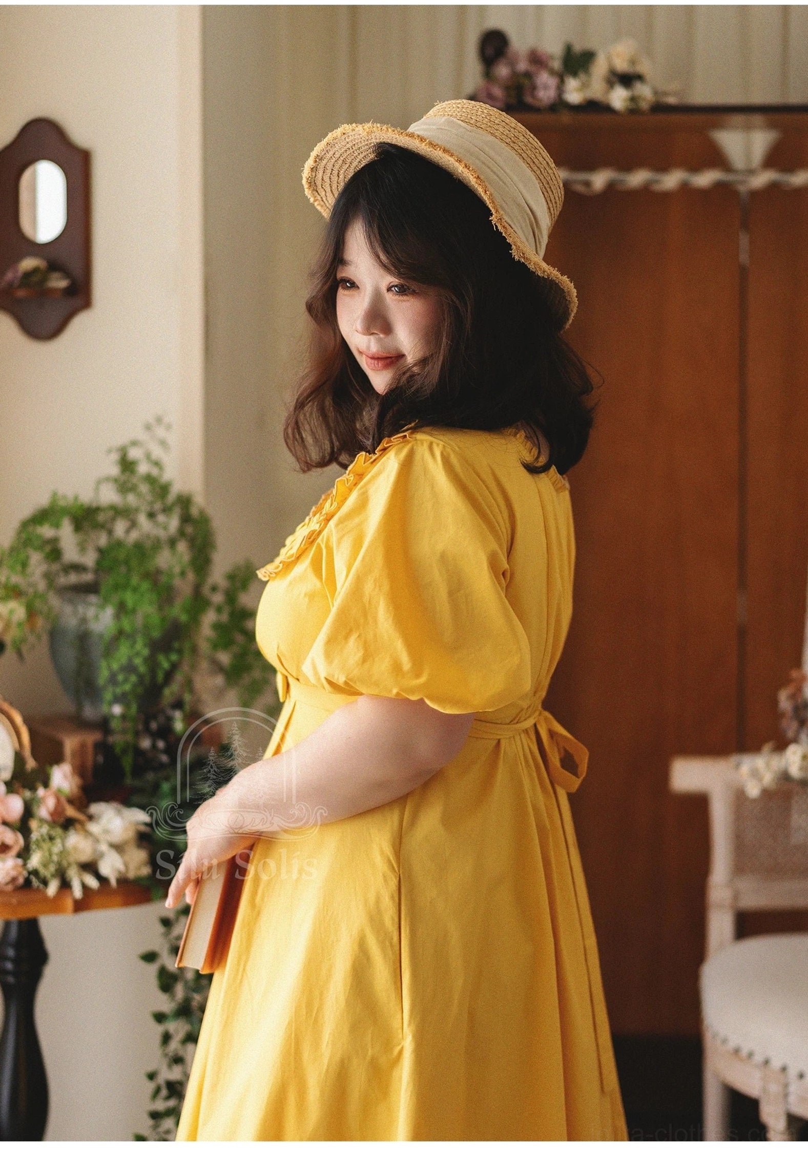 Lolita country op dress cotton empire waist silhouette with square ruffled neckline side profile mannequin view
