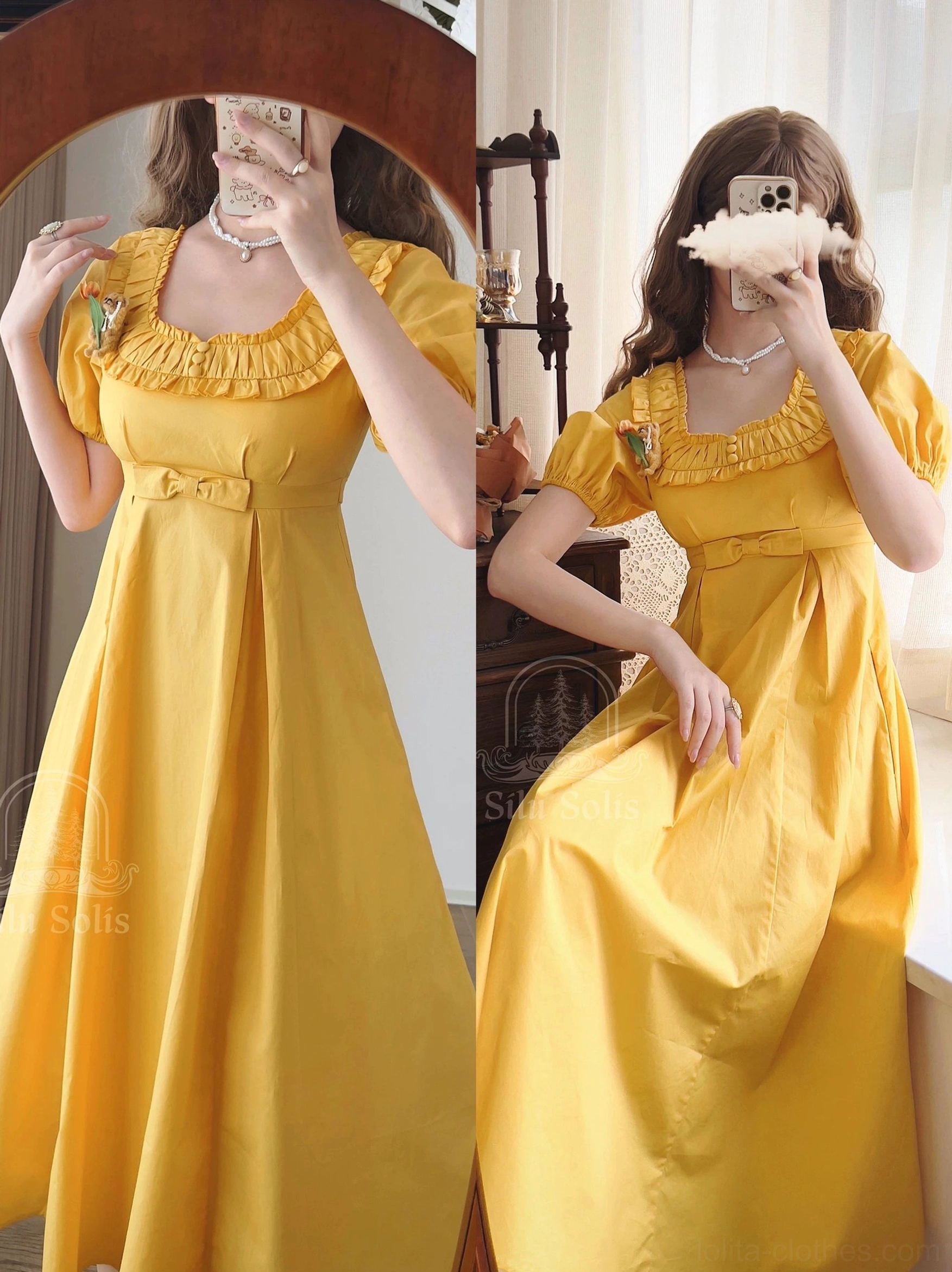Lolita empire waist dress puff sleeve detail showing short puffed sleeve construction and ruffled armhole finishing