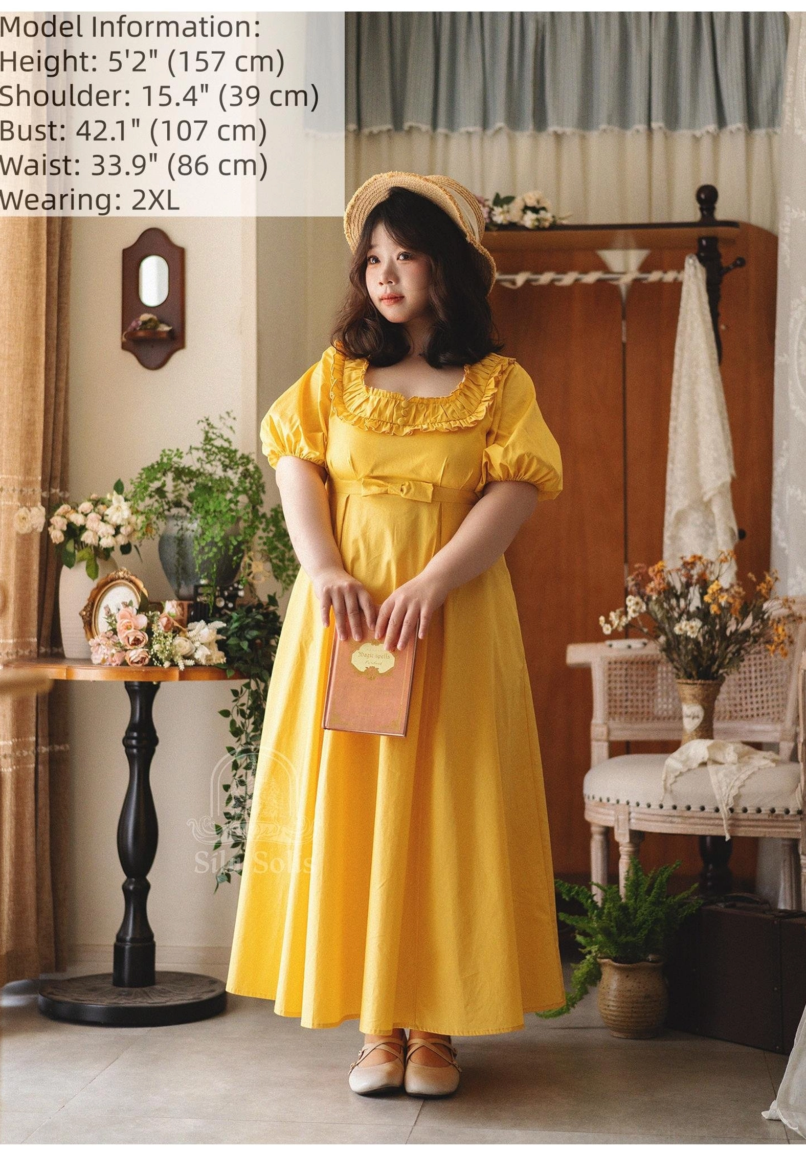 Matcha green empire waist lolita dress close-up upper body showing ruffled square neck and puff sleeve detail