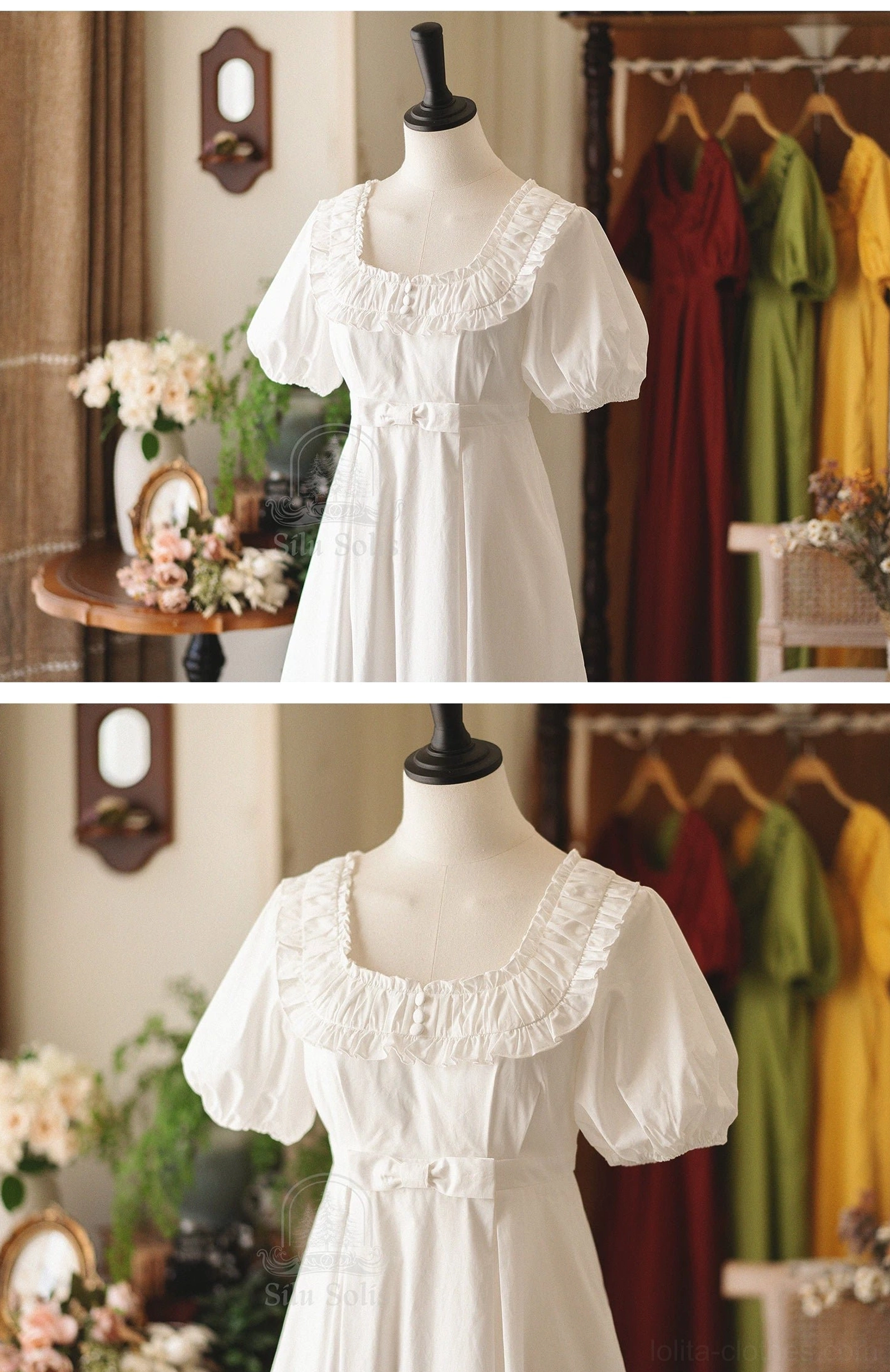 Close-up front view of white lolita empire waist dress showing ruffled square neckline and puff short sleeves detail