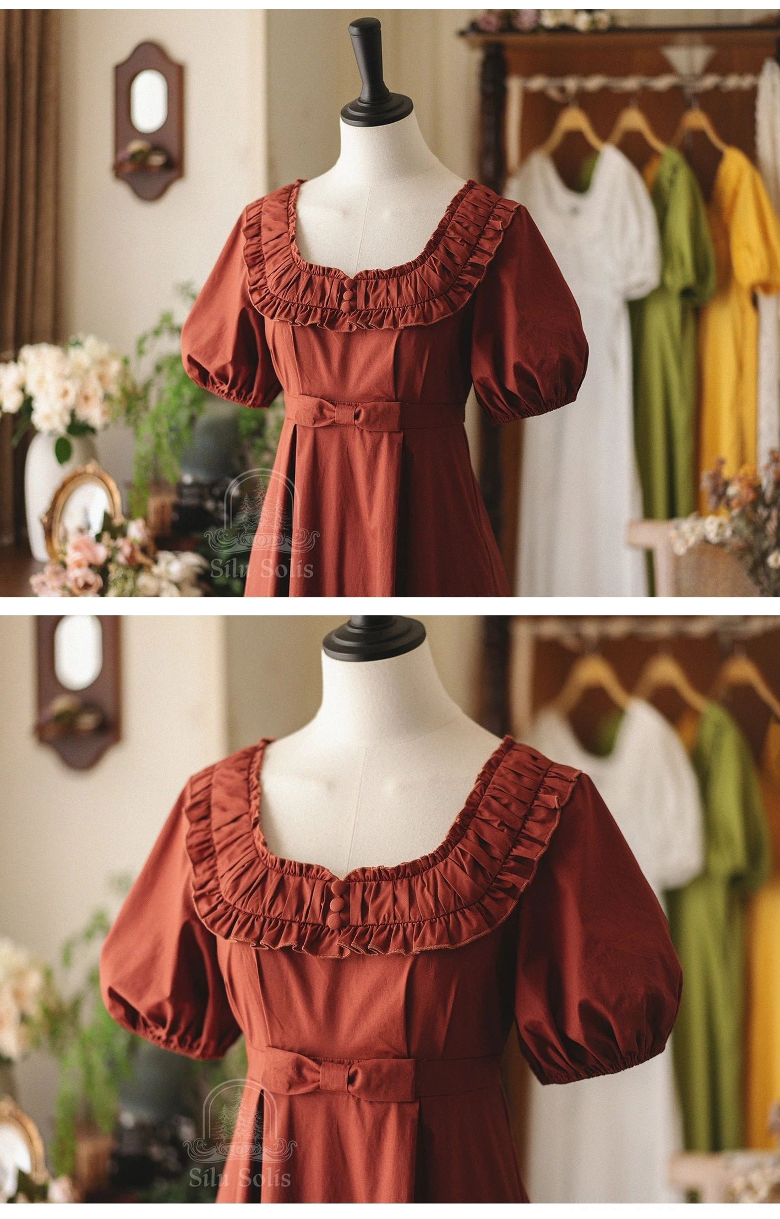 White empire waist lolita one-piece dress with delicate ruffles and waist bow detail on mannequin close-up view