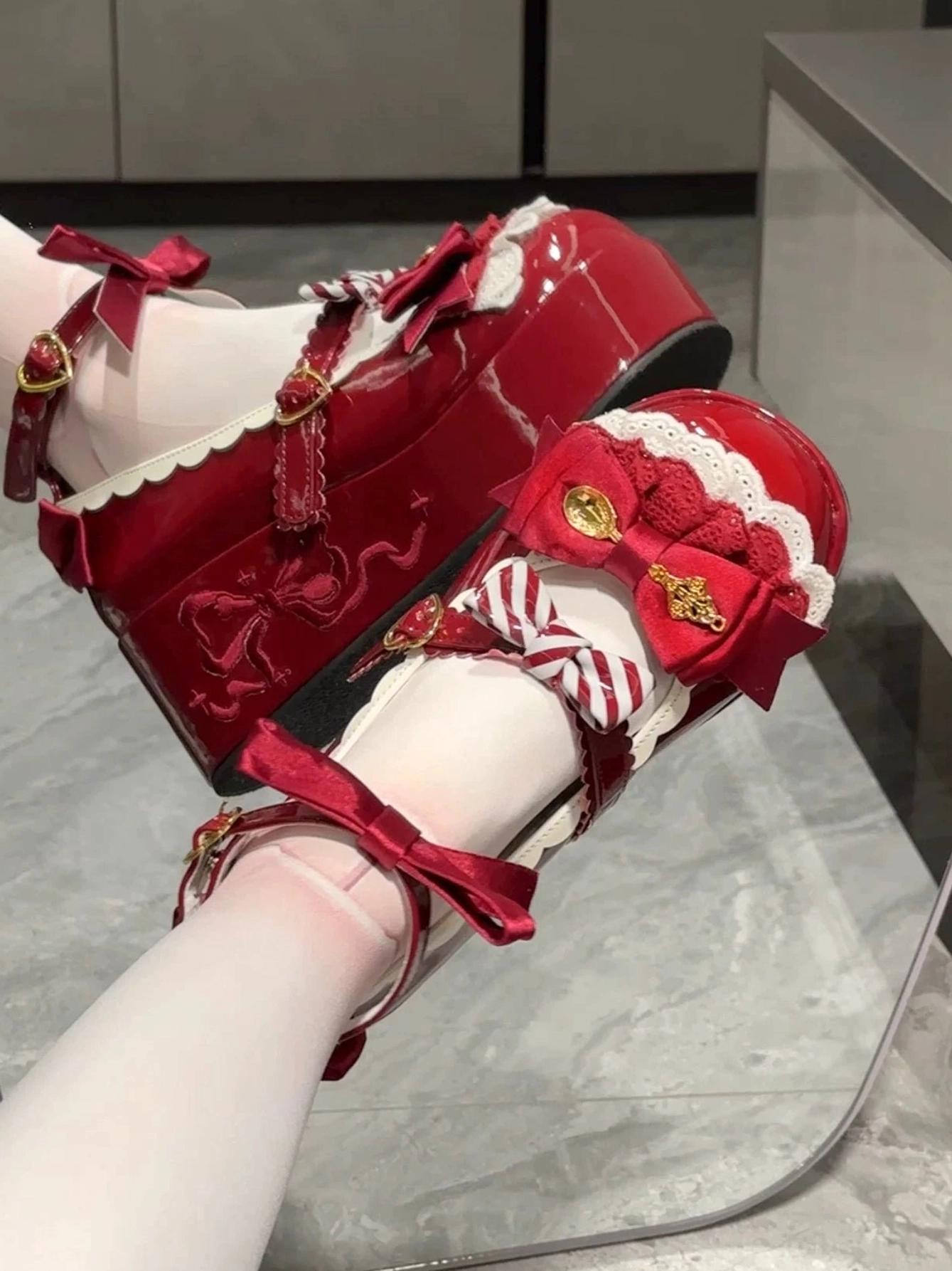 Mousse roll platform sweet lolita shoes lifestyle photography showing shoes in lolita fashion context with themed accessories and styling props