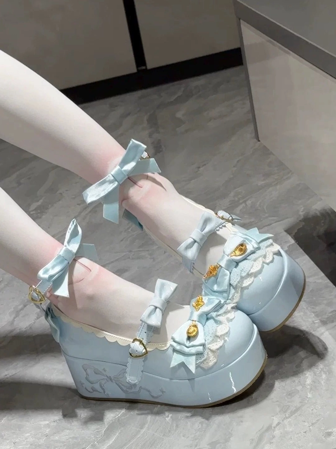 Mousse roll sweet lolita platform shoes size and dimension comparison showing different color options and platform heel construction