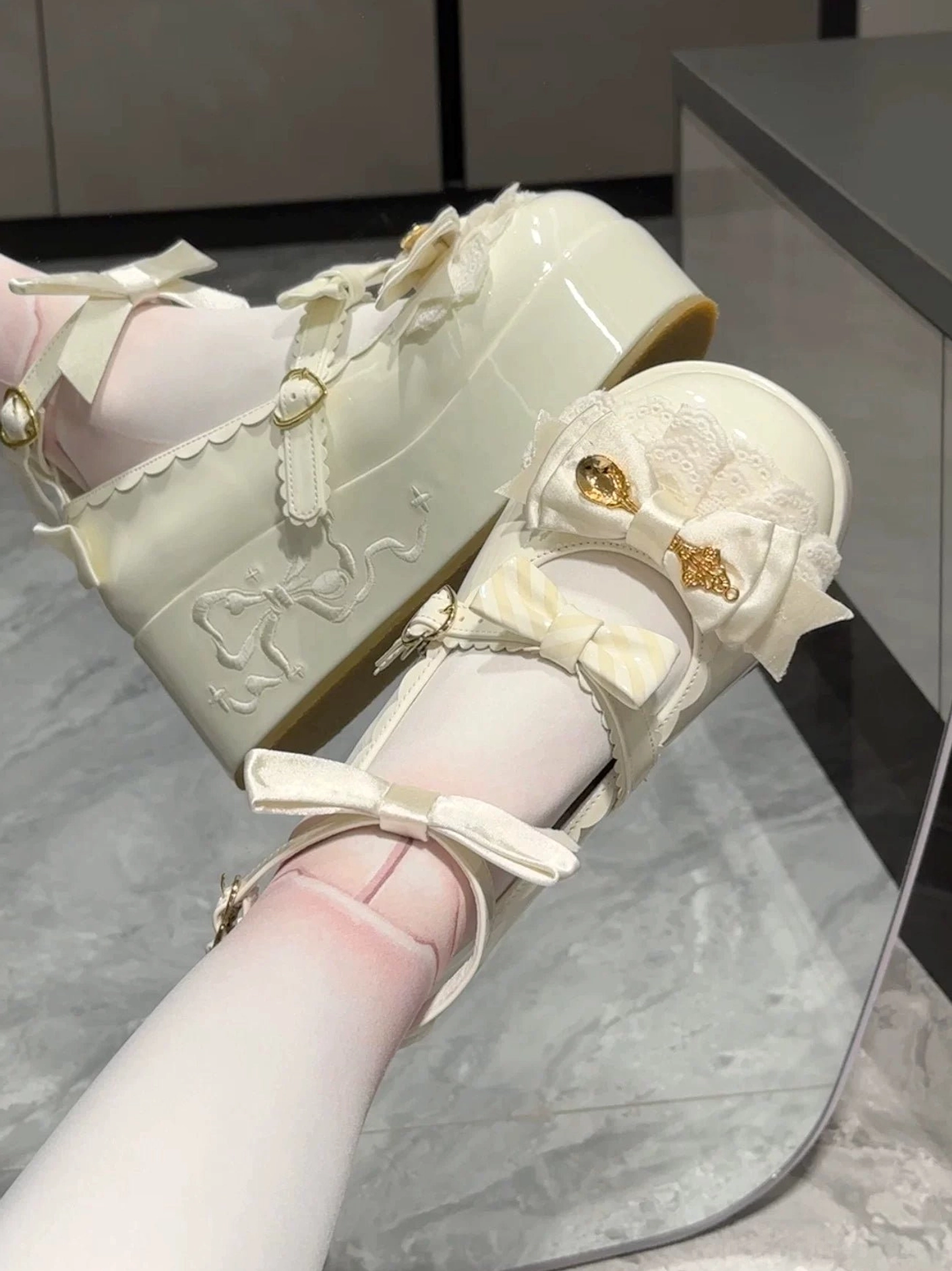 Mousse roll sweet lolita platform shoes worn styling coordination showing how platform shoes complement lolita fashion aesthetic and leg silhouette